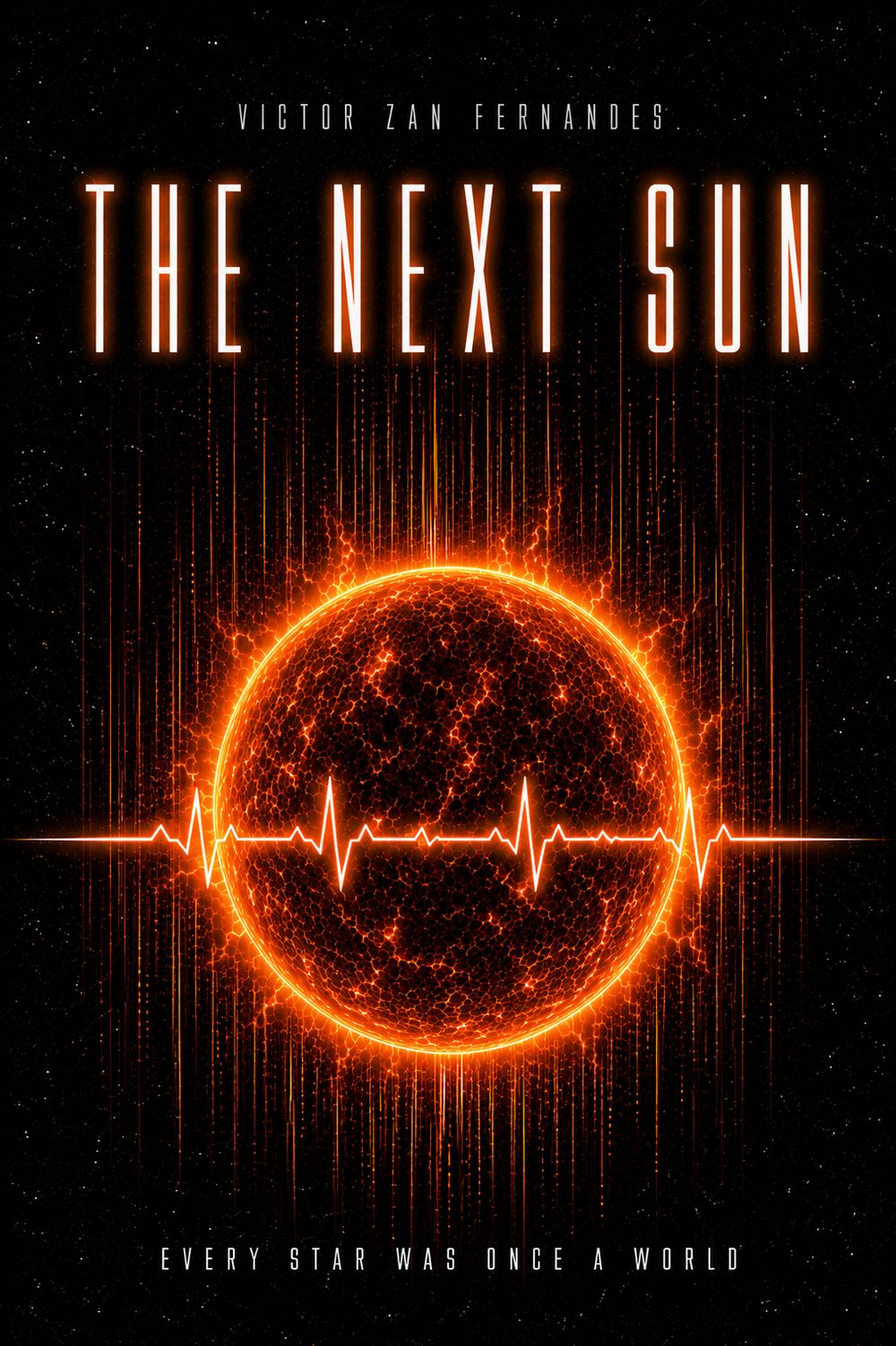 Rascunho próximo à versão final: o Sol com linha de eletrocardiograma e raios de luz verticais, título THE NEXT SUN.
