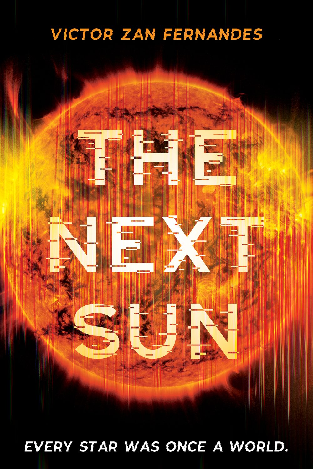 Rascunho: título THE NEXT SUN com efeito de glitch eletromagnético distorcendo as letras sobre o Sol.