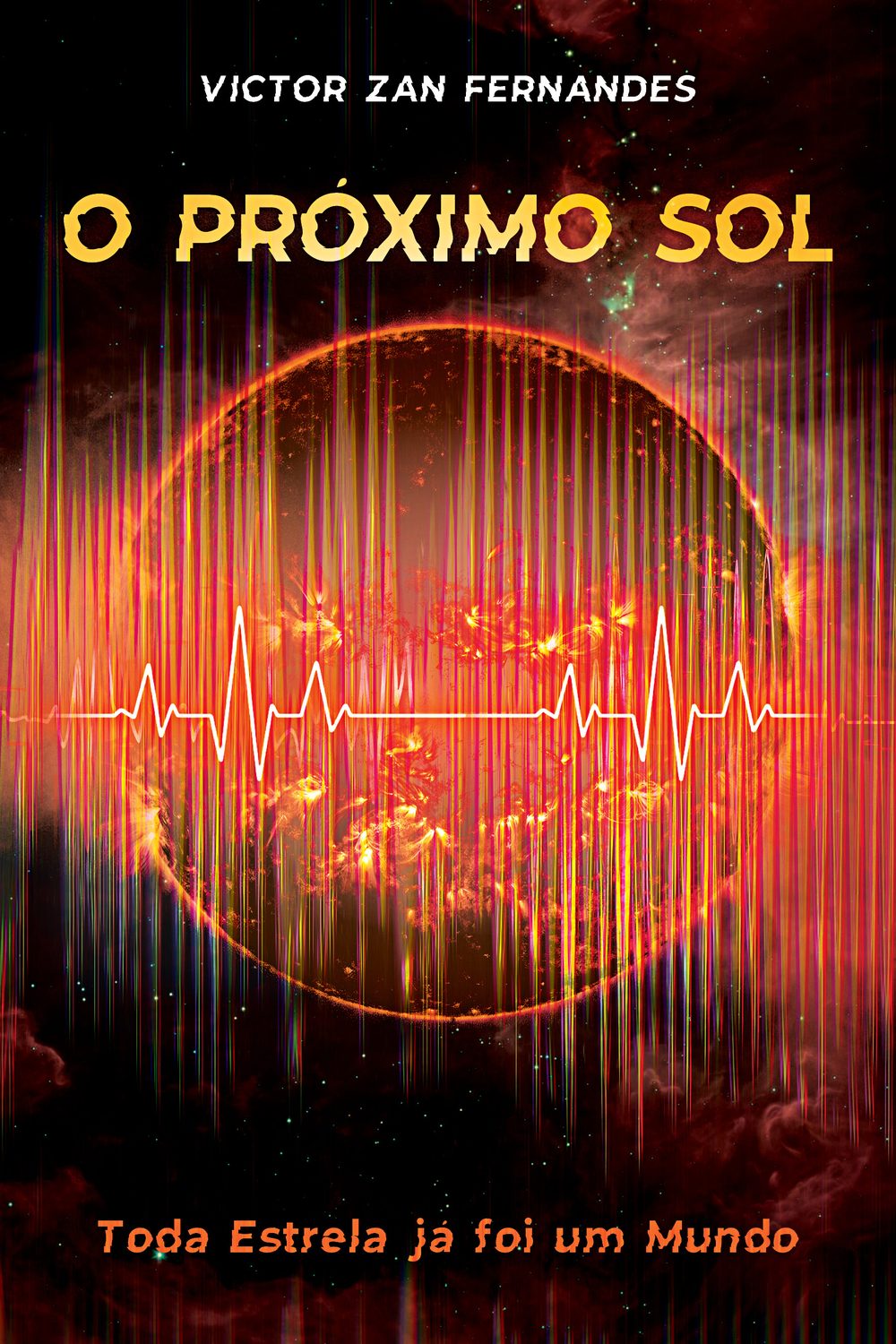 Rascunho: título O PRÓXIMO SOL sobre um anel de luz com interferência colorida em tons psicodélicos.