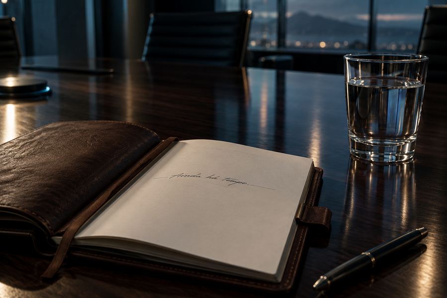 Um caderno de couro aberto sobre uma mesa de reunião escura, com a frase manuscrita 'Ainda há tempo' e um copo de água intocado ao lado.