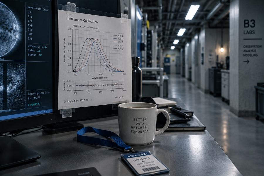 Um gráfico de calibração de instrumento colado numa tela, ao lado de uma caneca e um crachá de acesso de laboratório, num corredor técnico.
