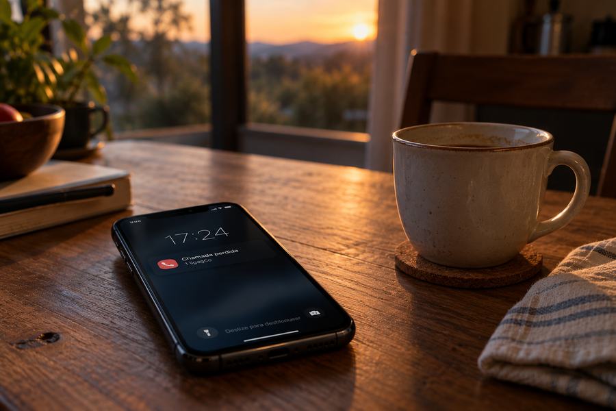 Um celular sobre uma mesa de madeira, tela acesa mostrando uma chamada perdida, ao lado de uma xícara de café, luz dourada de fim de tarde.